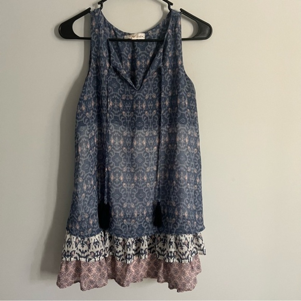 Rewind Blue and Pink Medallion Print Boho Style Ruffle Tiered Dress